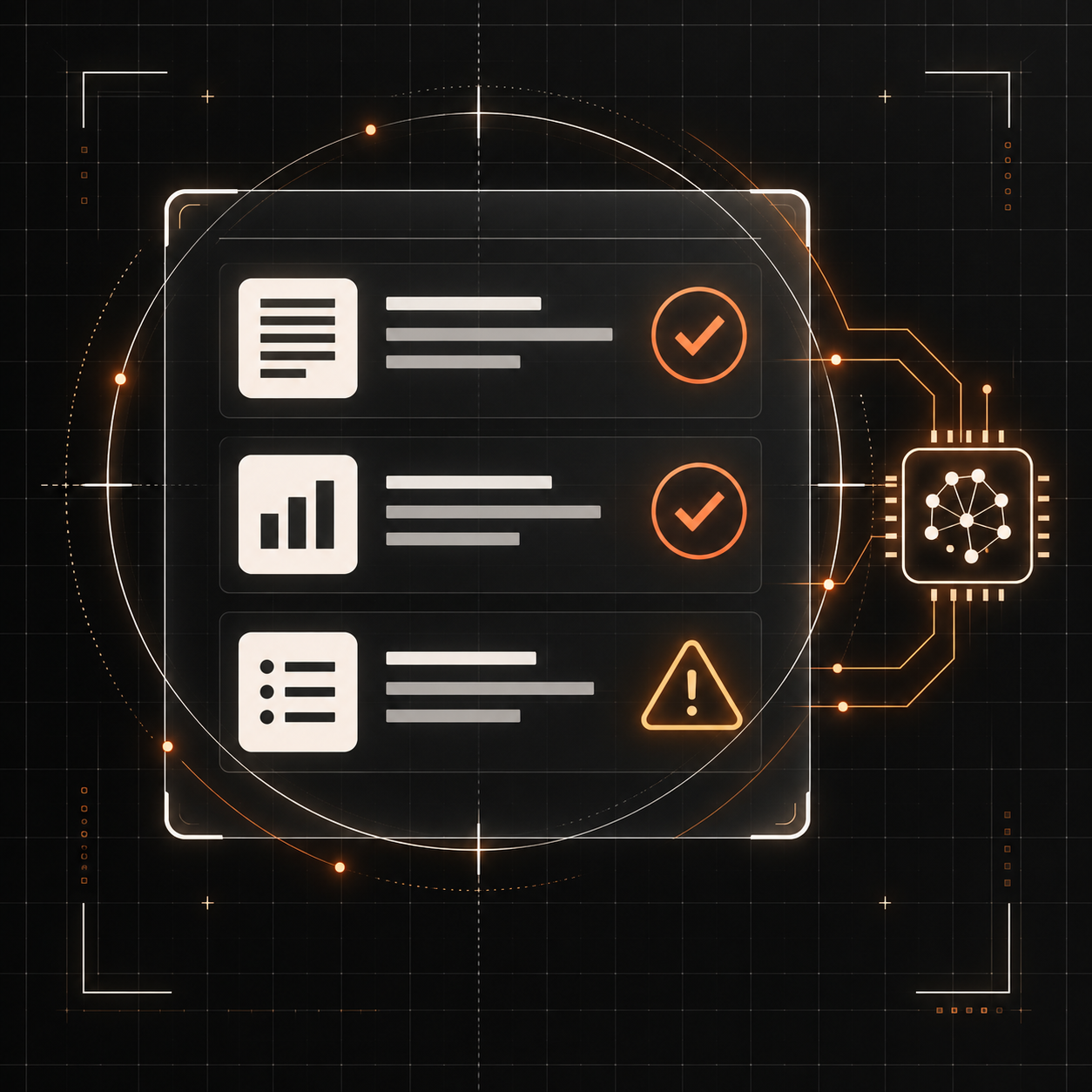 A scan reticle reviews AI output with verification ticks and a warning marker.